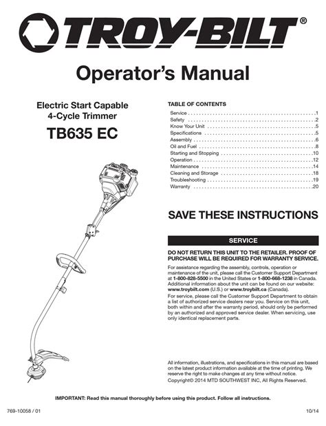 Troy-Bilt TB635 EC Manual pdf manual